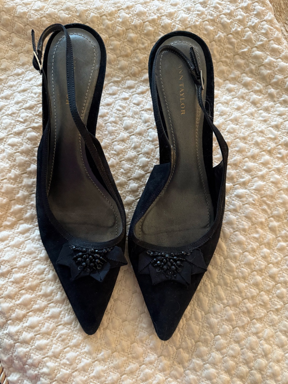 Ann Taylor Black Pointed Toe Embellished Suede Slingback Flats